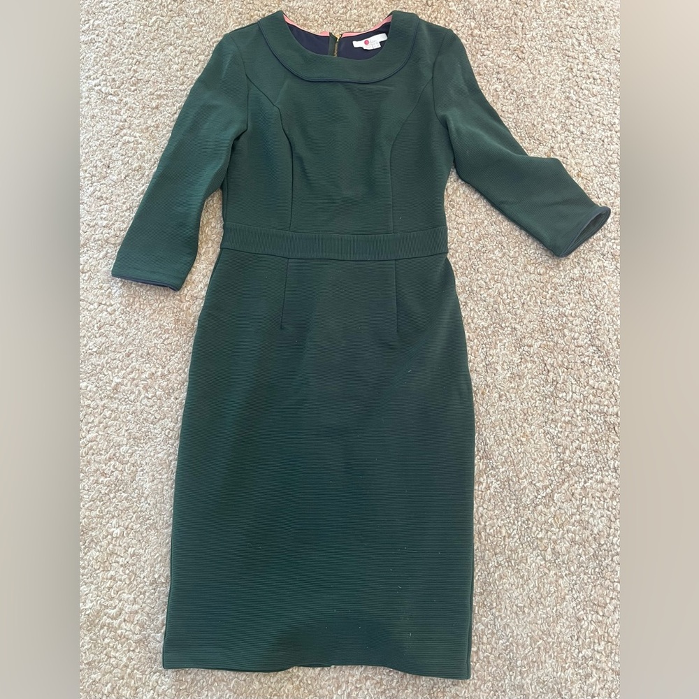 Vintage Boden Elegant Green Sheath Dress w/ Navy Piping Size 4R